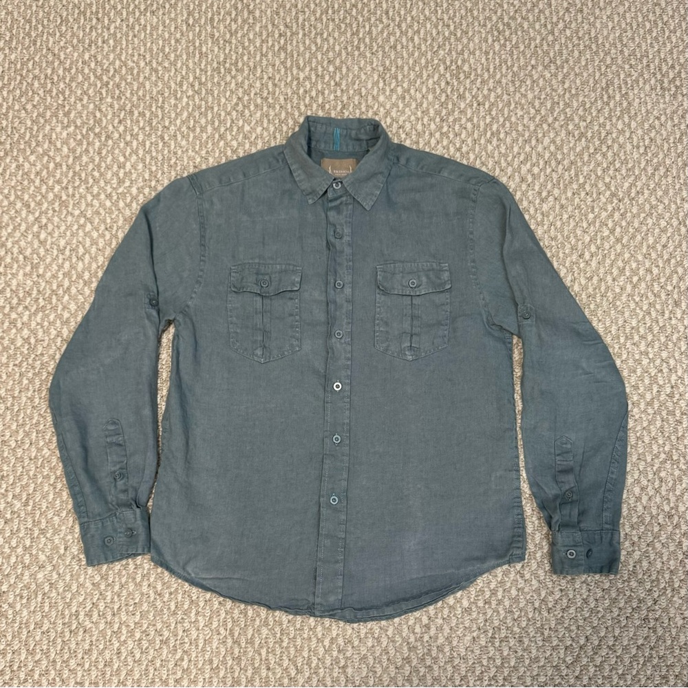 Gray and Green Casual Button Down Shirt with Long Sleeves